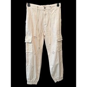 POL Clothing Cream Distressed Cargo Jogger Pants Crochet Lace Detail Women's Med